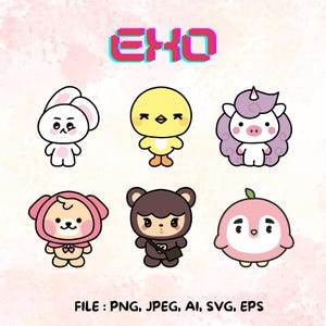 May include: A collection of six cartoon character illustrations. The characters include a white bunny, a yellow chick, a purple unicorn, a pink dog, a brown bear, and a pink penguin. The word "EXO" is at the top, and file type information is at the bottom.