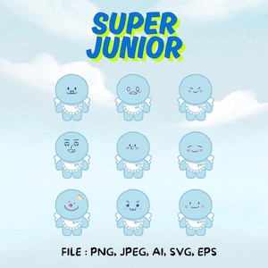 May include: A digital illustration featuring the text "SUPER JUNIOR" in yellow and blue, above nine blue cartoon characters with various facial expressions. Each character wears a white bib with initials. The bottom of the image displays "FILE: PNG, JPEG, AI, SVG, EPS".