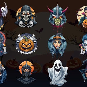 Könnte beinhalten: Eine Sammlung von Illustrationen zum Thema Halloween mit verschiedenen Charakteren. Enthält einen Sensenmann, einen Schädel mit einem Haus, einen Wikinger-Schädel, einen Vampir mit einem Kürbis, einen Zombie, einen Kürbis, eine Hexe, einen Geist und einen Schädel mit Hexenhut.