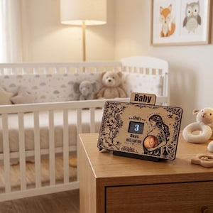 Conto Alla Rovescia Gravidanza in Legno | Orologio Digitale Monitor Bambino Schermo Wi-Fi | Regalo Futura Mamma Annuncio Baby Shower