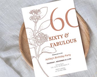 60 and Fabulous Birthday Invite, 60th Birthday Editable Digital Invitation Template, Printable Birthday Evite for Her, B-day Canva Template