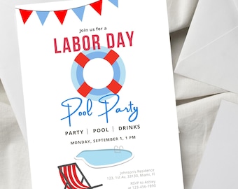 Labor Day Pool Party Invitation: Patriotic BBQ Cookout (Editable Canva Template, Instant Download)