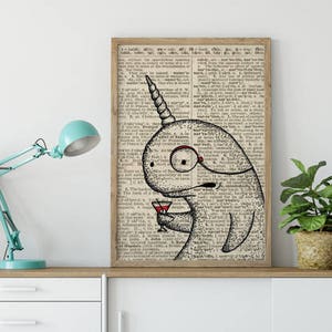 Monocles, narwhal art, Vintage dictionary page art, black and white, illustration, animal, wall art, top best selling gift under 30, print