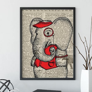 Elephant, wall art, monocle, vintage dictionary, black and white art, illustration, animal art, top best selling, gift under 30, art print
