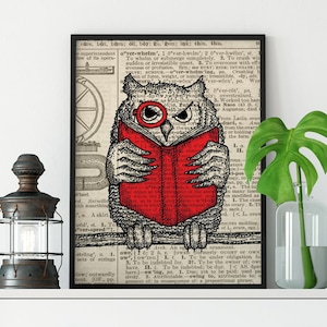 Monocles, owl, vintage dictionary page art, black and white art, illustration, animal, wall art, top best selling, gift under 30, print
