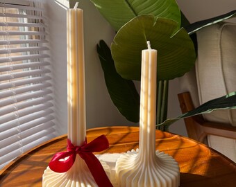 Handmade Ribbed Soywax Pillar Candle: Tall Tapered Vase Column