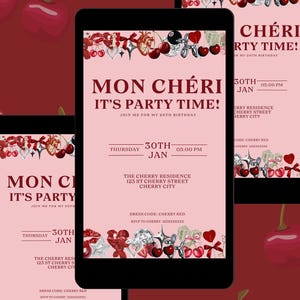 Convite de aniversário digital Red Cherry/Red Cherry Vibes – Baixe e edite você mesmo no Canva! Modelo Mon Chéri para impressão
