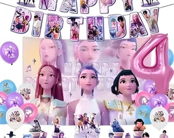 Set de decoración para fiesta de cumpleaños de Kpop Hunters: vajilla, globos, pancarta y artículos de celebración con temática musical infantil.