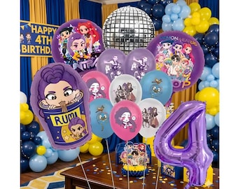 Globos de cumpleaños de Kpop Hunters: decoración de fiesta de dibujos animados para niñas, regalos para niños, set de suministros para fotomatón