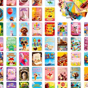 May include: A collection of colorful birthday cards with various designs. The cards feature images of cakes, animals, balloons, and the text "Happy Birthday." Some cards have a 3D pop-up effect.