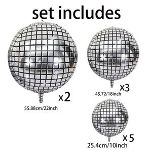 May include: A set of three silver disco ball balloons in varying sizes. The largest is 22 inches, the medium is 18 inches, and the smallest is 10 inches. The text "set includes" is at the top of the image.