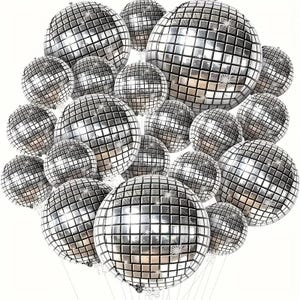May include: A cluster of silver disco ball balloons, each with a mirrored surface composed of small square tiles. The balloons vary in size and are suspended by thin, clear strings against a white background. These party decorations are ideal for a festive event.