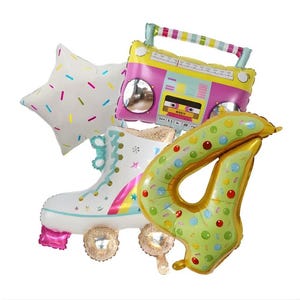 May include: A selection of foil balloons, including a star, a boombox, a roller skate, and the number four. The star is white with colourful sprinkles. The boombox is pink and yellow. The roller skate is white with a rainbow design. The number four is green.
