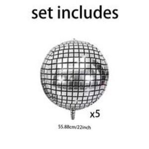 May include: A silver disco ball balloon with a mirrored surface. The balloon is 22 inches in diameter. The image includes the text "set includes" and "x5".