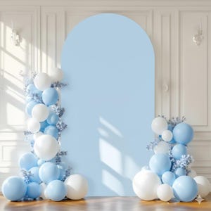 May include: A light blue arch backdrop with white and light blue balloons and decorative foliage. The balloons are clustered around the base of the arch, creating a festive and celebratory atmosphere. The backdrop is set against a white wall.