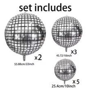 May include: A set of silver disco ball balloons. The set includes two 22-inch (55.88cm) balloons, three 18-inch (45.72cm) balloons, and five 10-inch (25.4cm) balloons. The text "set includes" is at the top of the image.