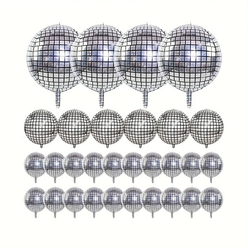 May include: A collection of silver disco ball balloons. The balloons are round with a grid pattern, resembling a classic disco ball. The balloons are arranged in rows, perfect for party decorations.