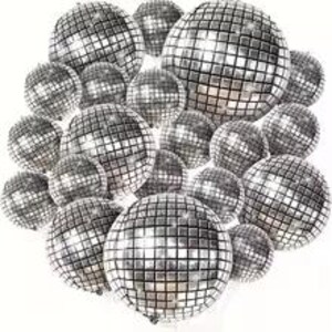 May include: A collection of silver disco balls of varying sizes, reflecting light. The spheres are covered in small, square mirrored tiles, creating a sparkling effect. The arrangement is clustered together against a white background.