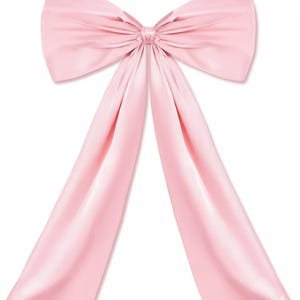 May include: A large, light pink satin bow with long, flowing tails. The bow is tied in the center with a knot, and the fabric has a subtle sheen. Perfect for gift wrapping or event decor.