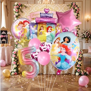 May include: A selection of princess-themed balloons, including a large number 5, a pink star, and round balloons featuring Disney princesses. The arrangement includes a "Happy Birthday" banner and other decorative elements.