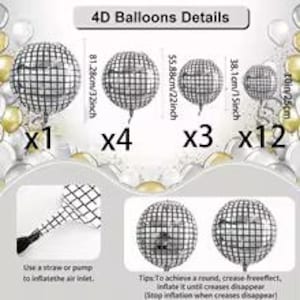 May include: Silver disco ball-shaped balloons in various sizes, with measurements in inches. The image shows a total of 20 balloons, with the largest measuring 32 inches in diameter. The text "4D Balloons Details" is at the top.