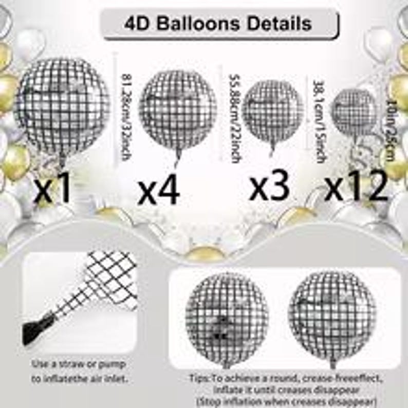 May include: Silver disco ball-shaped balloons in various sizes, with measurements in inches. The image shows a total of 20 balloons, with the largest measuring 32 inches in diameter. The text "4D Balloons Details" is at the top.