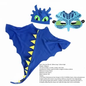 May include: A blue dragon costume set for children, including a cloak, hat, and mask. The cloak has yellow accents and a wing-like design. The hat and mask feature green eyes. The set is designed for children aged 3-8, with a height of 39-55 inches.