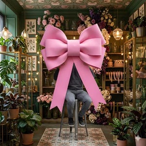 Puede incluir: Un gran lazo rosa con largas cintas. El lazo es el punto focal, sobre un fondo de una floristería con estantes de flores y plantas. El lazo está hecho de un material sólido y tiene una forma de lazo clásica.