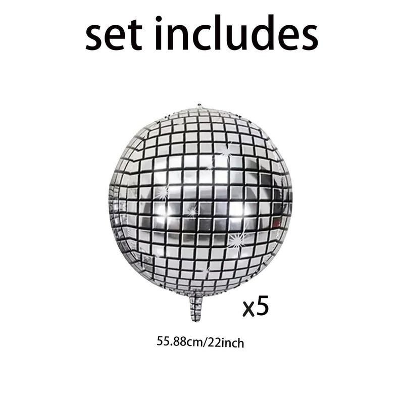 May include: A silver disco ball balloon with a mirrored surface. The balloon is 22 inches in diameter and the set includes 5 balloons. The text "set includes" is at the top of the image.