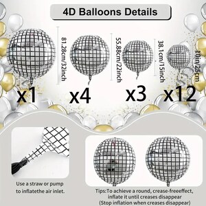 May include: A collection of silver disco ball balloons in various sizes, ranging from 10 inches to 32 inches. The image includes details on inflation and achieving a crease-free effect. The balloons are ideal for party decorations.