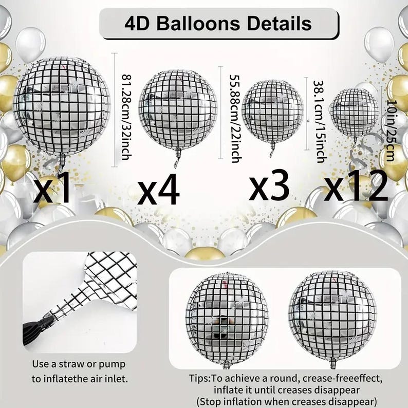 May include: A collection of silver disco ball balloons in various sizes, ranging from 10 inches to 32 inches. The image includes details on inflation and achieving a crease-free effect. The balloons are ideal for party decorations.