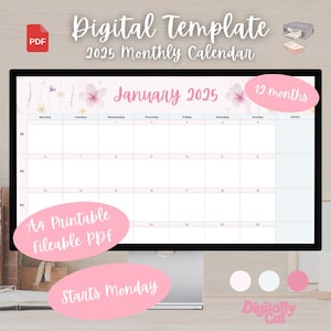 2025 Monthly Calendar Digital Template PDF | Printable A4 Copy | Personal Task Planner | Pink Floral Style | Cute Digital Calendar