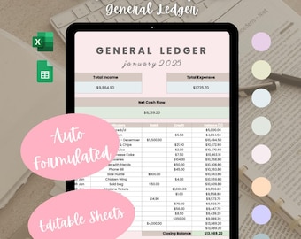 General Ledger Digital Template | Money Tracker | Editable Google Sheets, Microsoft EXCEL Template | Auto Calculated | Personal Bookkeeping