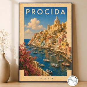 Procida Italy Vintage Travel Poster Canvas Wall Art, Mediterranean Coastal Town Art Print