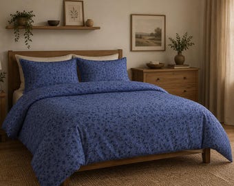 Blauer Micro Floral Cotton Bettwäsche Set | Kissenbezüge inklusive