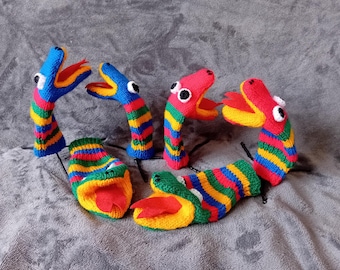 Pair of hand knitted novelty snake gloves / puppets for all ages