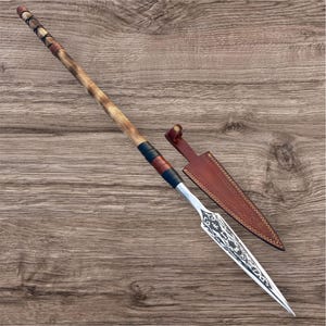 Hand Forged High Carbon Steel Etched Solid Viking Medieval Spear with Sheath | Ash wood Handle Spear Head with Etching