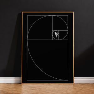 May include: A rectangular wall art print in a thin wooden frame featuring a black background with a white line drawing of a Fibonacci golden spiral. A small, detailed black and white image of an astronaut is positioned within the smallest square.