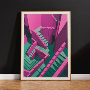 May include: A framed art print featuring an isometric illustration of an impossible staircase structure. The composition uses a vibrant colour palette of bright pink, deep purple, and teal green to depict interconnected stairs and geometric walls.