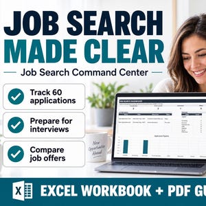 Peut inclure: Un centre de commande de recherche d'emploi numérique affiché sur un écran d'ordinateur portable, comprenant un classeur Excel et un guide PDF. L'interface permet de suivre 60 candidatures, préparer des entretiens et comparer les offres d'emploi.