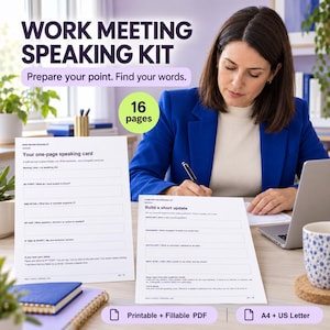 Op de afbeelding: Een 16-pagina tellende werkvergadering spreekset met printbare en invulbare PDF-sjablonen in A4- en US Letter-formaten. De documenten bevatten gestructureerde secties voor spreekkaarten en vergaderupdates met prompts zoals Your one-page speaking card.