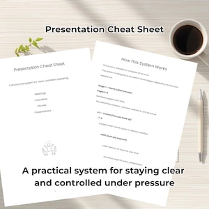 May include: Two white sheets of paper with the text "Presentation Cheat Sheet" and "How This System Works" are on a light wood surface. A cup of coffee and a pen are also on the surface. The text "A practical system for staying clear and controlled under pressure" is at the bottom.