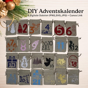 Könnte beinhalten: Ein DIY Adventskalender mit 24 kleinen Jutebeuteln, die jeweils nummeriert und mit festlichen Bildern verziert sind. Der Text "DIY Adventskalender" und Dateitypinformationen werden oben angezeigt. Die Beutel sind auf einer hellen Holzoberfläche angeordnet.