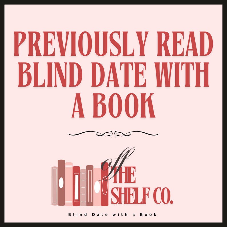 Puede incluir: Un gr&aacute;fico rosa y blanco con el texto "PREVIOUSLY READ BLIND DATE WITH A BOOK" en rojo. Debajo del texto hay una fila de libros con el texto "Off The Shelf Co." en negro y rojo.