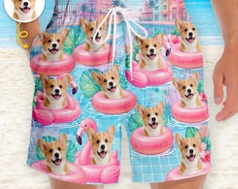 Custom Photo Aloha Men Beach Shorts - Personalized Summer Vacation And Travel Gifts For Dog Cat Lovers,  Flamingo Float Club President