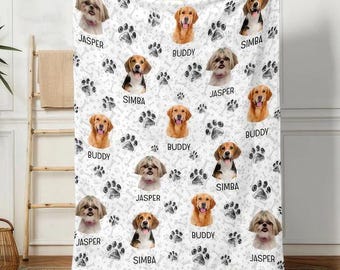 Custom Photo Dog Cat With Paw, Customized Name Photo Blanket Collage, Memorial Pet Face Loss Keepsake Gift