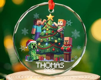 Merry Xmas Customs Name Video Game Christmas Glass Ornament, Custom Name Cartoon Christmas Ornament, 2D Flat Ornament