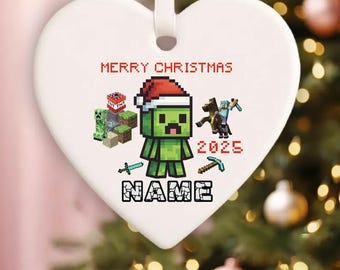 Merry Xmas Merry Pixel Gamer Christmas Ornament, Ceramic Keepsake, 2D Flat ornament