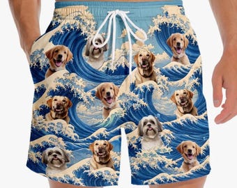 Custom Photo Men Beach Shorts, Personalized Summer &Travel Gifts For Dog Cat Lovers, Dog Dad And Mom, Cat Owners, The Cutest Tsunami Of Pups