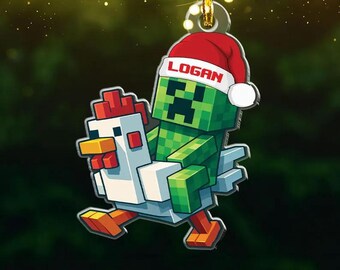 Merry Xmas Custom Name Pixel Character Ornament, Green Gamer Christmas Decoration, Gift For Kids & Game Lovers, 2D Flat Ornament